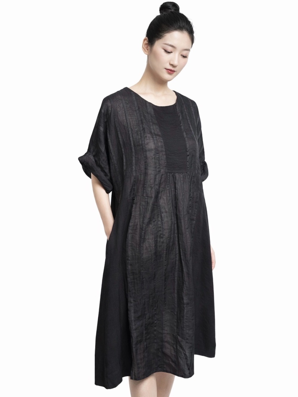 Black Pintuck Texture Panel Cotton Tunic Dress Short Sleeve Relaxed Fit Midi L